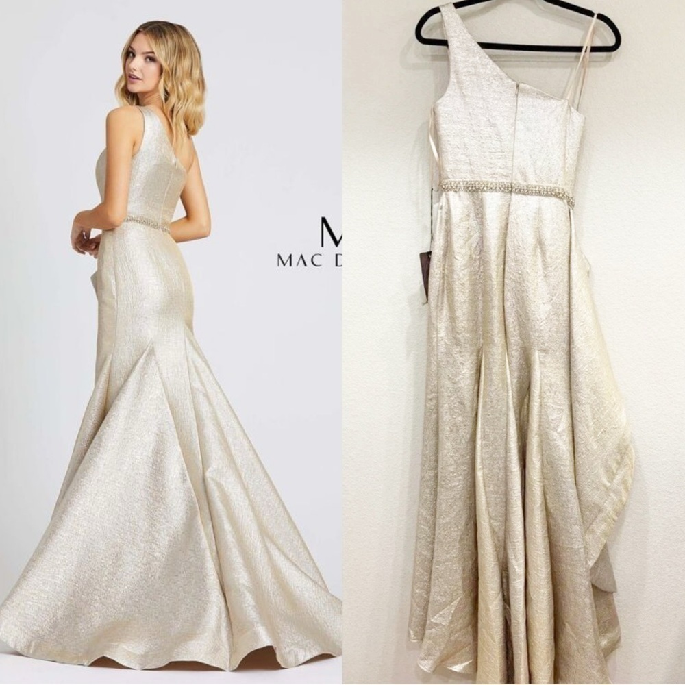 Size 0 Mac‎ Duggal Champagne Gold One Shoulder Metallic Ruffled Gown Prom Dress - Picture 5 of 11
